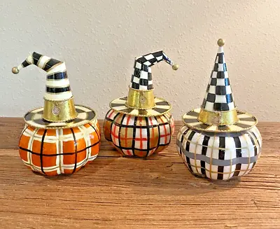 Set Of 3 MacKenzie Childs Autumn Spice Capiz Plaid Pumpkins Used • $76.50