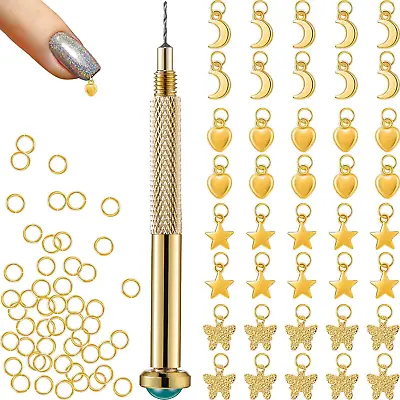 91 Pieces Nail Jewelry Rings With Nail Piercing Tool Hand Drill Pierced Jewel • $11.85