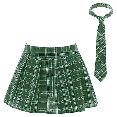 Women's School Girl Uniform Cosplay Costume Plaid Pleated Mini Skirt With Tie • £11.80