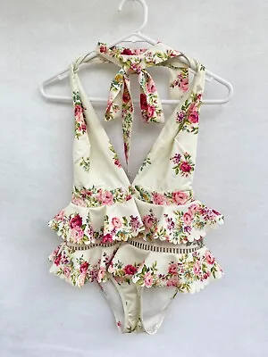 ❄️ Zimmermann Honour Halter Neck Tie One Piece Floral Frills Swimsuit Size 0 8 • $159