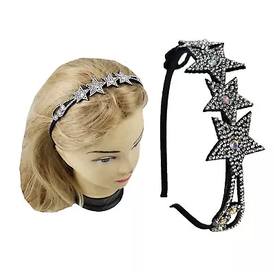 Black Headband With Crystal  Rhinestones Flower Star Ribbon  • $6.49