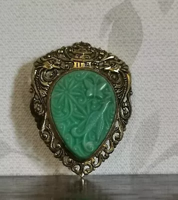Vintage Hidden Dragons Brooch Pendant Phoenix Chinese Faux Green Jade Gold Metal • £24.99