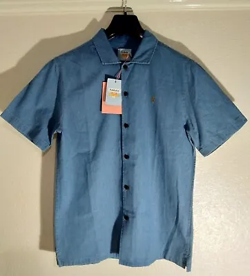 NWT Farah Men's Shirt Small S Blue Joplin Revere Denim Short Sleeve Free Postage • £14.95