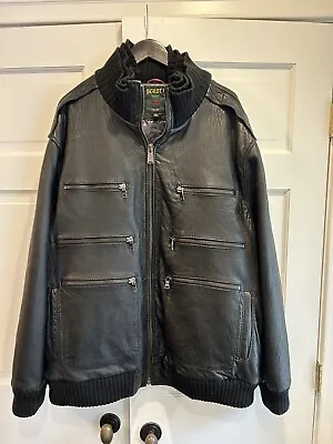 Schott Black Leather Motorcycle Jacket Coat 6 Pocket Sweater Collar Sz 3XL • $325