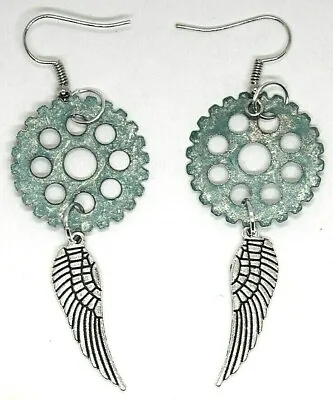 Steampunk Earrings Wings Gears Dangle Hooks Nickel Free Punk Jewelry Handmade • $4.98