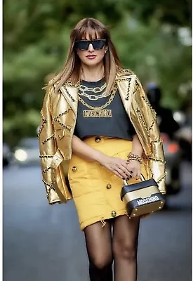 H&M  MOSCHINO AUTHENTIC CHAIN GOLD LEATHER JACKET (S)Lowest Price On Ebay • $150