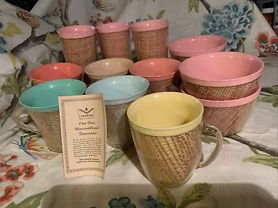 Vt. Raffia Lined Plastic Cups Tumblers Desert Bowls 13 Pieces W/Card • $24