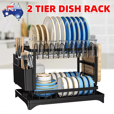 2 Tier Dish Rack Drainer Plate Bowl Cup Utensil Dry Tray Holder Kitchen Storage • $39.25