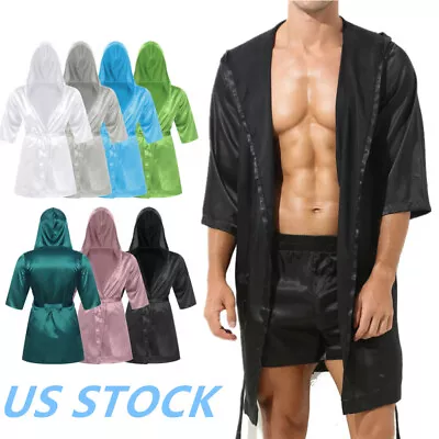 US Men's Silk Satin Robe Kimono Bathrobe Hooded Pajamas Nightgown With Belt • $7.42