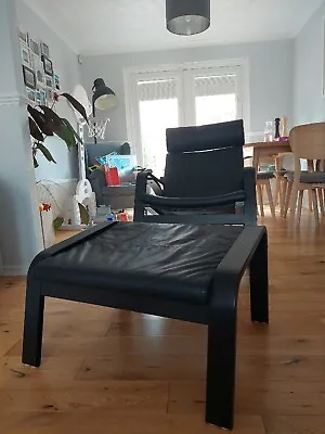 Poang Rocking Chair Black Brown Wood Black Leather Foot Stool IKEA • £300