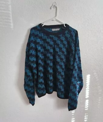 Vintage Sweater Coogi Style XL Teal Black Knitted Checked Striped 3D Crew Neck • $14.99