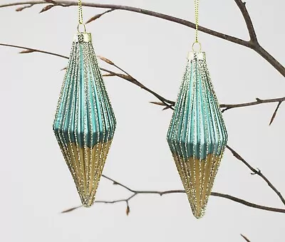 £7.99 • Buy Gisela Graham Christmas Turquoise Gold Ribbed Glass Teardrop Decoration X 2