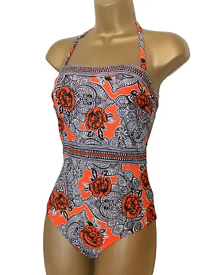 Black / White / Orange Debenhams Halter Neck Strapless Swimsuit Size 12 Control • £7.99