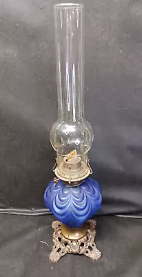 Vtg Cobalt Blue Glass Iron Brass Base Kerosene Oil Lamp French Hurricane Shade • $125