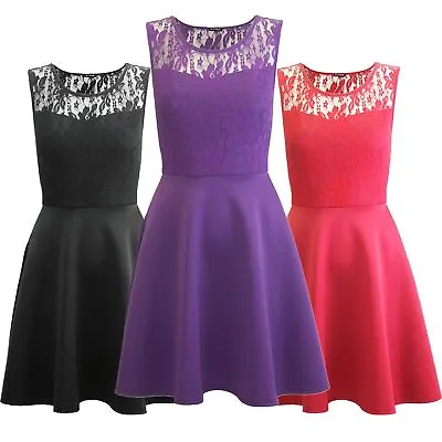 Womens Ladies Mesh Lace Insert Top Flared Sleeveless Mini Swing Skater Dresses • £13.99