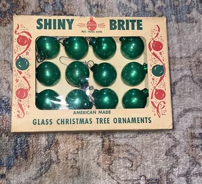12 Small Vintage Green Shiny Brite 1   Glass Ball Christmas Tree Ornaments Box • $25