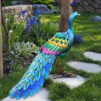 Colorful Metallic Peacock Tropical Bird Metal Sculpture Statue Yard Garden Art • $64.98