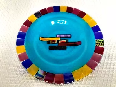 Vintage Bright Mosaic Fused Art Glass Plate Bowl 12  • $10