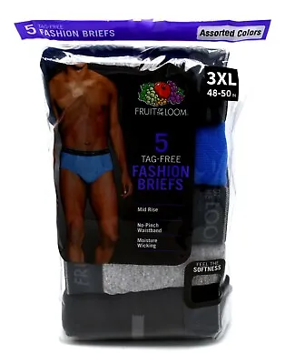 5 Blue Gray Red 3XL 48-50 Fashion Briefs Mid Rise Fruit Of The Loom 122-127 CM • $28.99