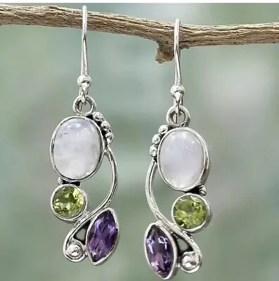 💜 NEW - Vintage Look Silver Tone Faux Gemstone Drop Dangle Earrings 💜 • $15