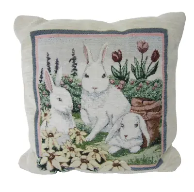 White Rabbits With Spring Flowers Tapestry Pillow 15 X15” Vintage • $19.88