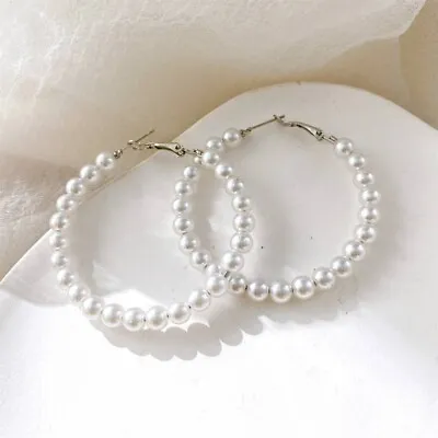 Womens Girls Large Faux Pearl Decor Silver Metal Hoop Earrings Wedding Party • £4.39