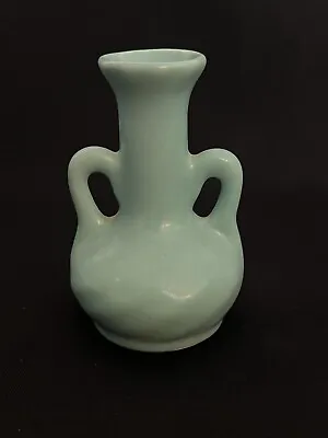 Mid Century Modern Small Pottery Vase Swirl Pattern Handles Light Blue Unmarked • $5.99