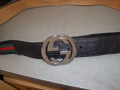 Gucci Vtg Silvertone Bold Gg Logo Buckle Red/green Canvas Belt Sz 105/42 Italy • $109