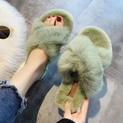 Women's Faux Rabbit Fur Slippers Furry Slides Cross Band Cute Flip Flops • $22.99