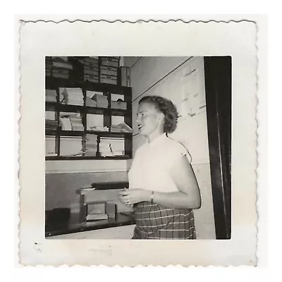 Vintage Snapshot Photo Profile Of Pretty Woman Standing In Office Supply Room • $4.90