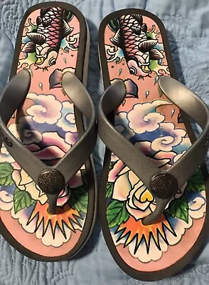 ED HARDY Gray  Flip Flops Sandals Size 6 Women’s / 5 Mens Fish/flowers  • $21.99