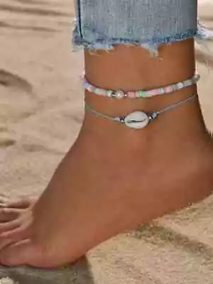 Ladies Trendy Cowrie Shell Bead & 6mm Heishi Bead Elasticated Ankle Bracelet Set • £4.99