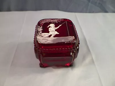 Westmoreland Ruby Red Glass Victorian Trinket Box Mary Gregory Girl Fishing • $24.99