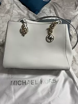 Michael Kors Cynthia Medium Leather Satchel Bag In Optic White New Without Tags • $100
