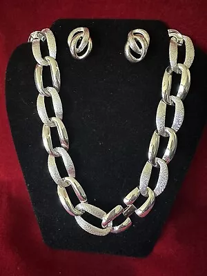 Vintage Napier Necklace Earrings Set  Polished / Brushed Links Silver Tone • $48