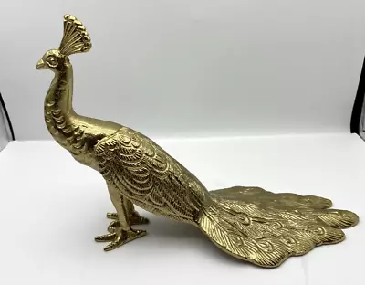 Metal Peacock Gold Tone Color Home Decor Figurine 8 In Tall • $28