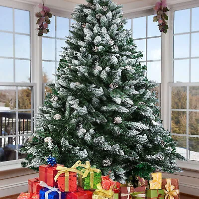 £3.59 • Buy 4 5 6 7ft Christmas Tree Snow Flocked Pine Cones Cover Bushy Metal Stand Decor