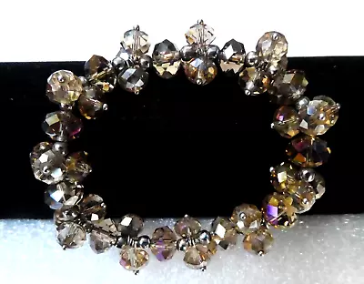 Vintage Faceted Crystal Glass Aurora Borealis & Silver Bead Stretch Bracelet • $9.99