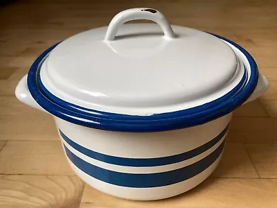 Vintage Enamelware Stock Pot W/ Lid White Blue Stripe Handles Dutch Oven 22cm • $12