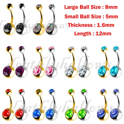 £1.99 • Buy Belly Bar Surgical Steel Double Crystal Gem Navel Bar Button Ring Belly Bars