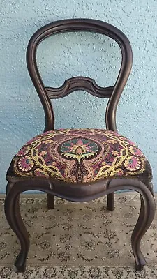 Antique Dining Chair In Mahogany Balloon Back With Fun Brown Pink Tapestry Seat • $229