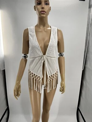 £13.73 • Buy Mono B White Boho Crochet Fringe Top Size Small Open Vest  V Neck Cardigan