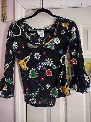 Vanity Women's Medium Multi-Color Jewels Flutter Sleeve Shirt Blouse Beaded EUC • $28.88