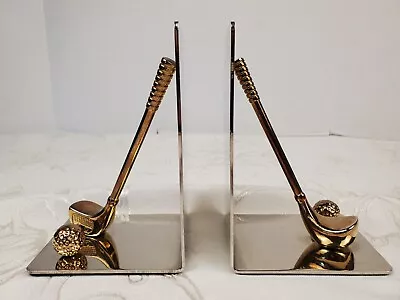 Vtg Retro Golf Club Ball Bookends Mirrored Metal  5-3/8  X 2-7/8  X 3.5  Pair  • $15.99