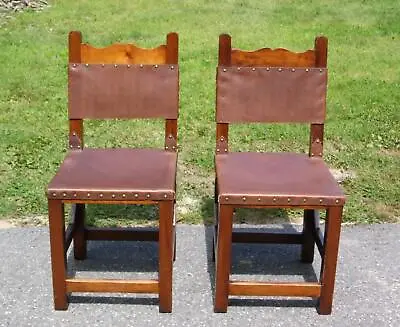 Vintage Pair Rustic Spanish Colonial Solid Walnut & Leather Chairs • $375