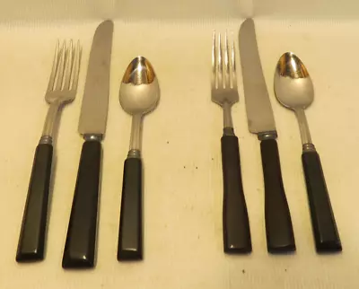 VTG Bakelite Handle Black Flatware Service For 2 Fork Spoon Knife Art Deco Era • $22.85