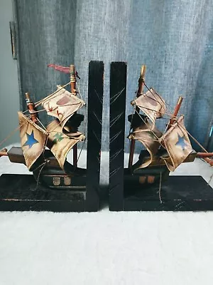 Vintage Wood Hand Crafted Pirate Sail Ship Book Ends Nautical Rope Boats • $24.95