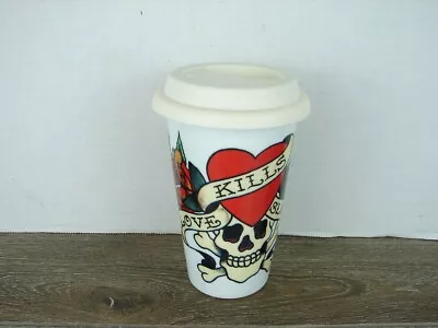 Ed Hardy Tattoo Flash Ceramic Coffee Cup With Lid White Love Kills Double Wall • $10