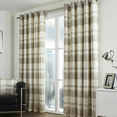 Natural Beige Tartan Check Curtains Balmoral Lined Eyelet Ring Top Curtains Pair • £19.99