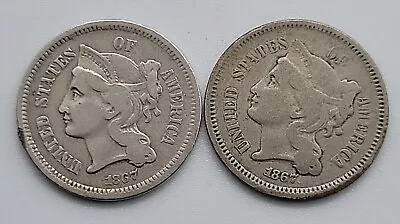  1867 3-Cent Nickel-Lot Of 2-Nice Details • $13.38